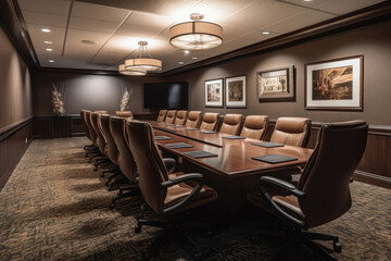 Executive Boardroom With Long Table And Comfortable, Highbacked Chairs. Generative AI