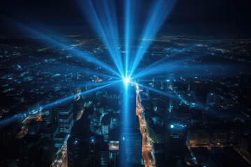 Obraz na płótnie Canvas Electric Blue Beams Of Light Piercing Through City. Generative AI