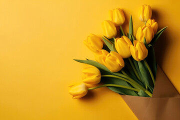 Photograph Of Top View Of Copy Space And Yellow Envelope And Bouquet Of Yellow Tulips With Copy Paste Yellow Background. Generative AI