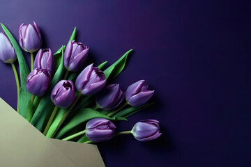 Photograph Of Top View Of Copy Space And Purple Envelope And Bouquet Of Purple Tulips With Copy Paste Purple Background. Generative AI