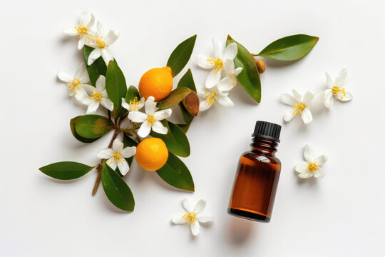 Neroli Essential Oil In Small Brown Bottle Next To Neroli On White Background, Top View. Generative AI