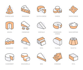 Cheese flat line icons set. Parmesan, mozzarella, yogurt, dutch, ricotta, butter, gouda piece vector illustrations. Outline signs for dairy product store. Orange color. Editable Stroke