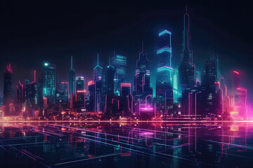 Technological City Skyline Illuminated With Neon Lighting. Generative AI