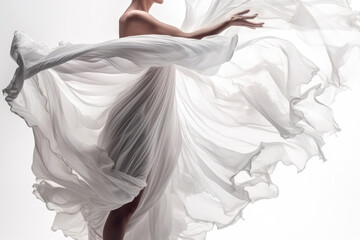 Woman Dancing With Flying Fabric In The Form Of Wings On White Background. Generative AI