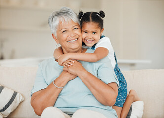 Family, grandmother and grandchild hug with smile in portrait, happiness and bonding at home. Love, care and trust with elderly woman and young child in living room, embrace and happy at house - obrazy, fototapety, plakaty