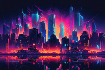 Vibrant Neon Cityscape With Towering Skyscrapers. Generative AI