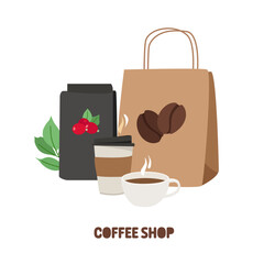 Coffee shop. Set of elements for advertising and selling coffee, cup, packaging, paper bag, leaves. Delivery and promotion of the best coffee.