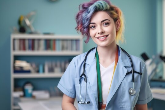 Portrait of young nurse with colored hair in uniform smiling at camera, generative AI