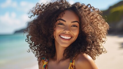 smiling beautiful young adult woman with curly afro hair at the beach, summertime. Generative Ai image