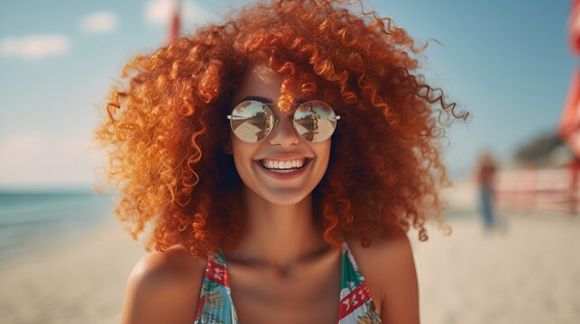 woman with curly hair smiling looking at camera, red afro, at the beach, summertime. Generative Ai image