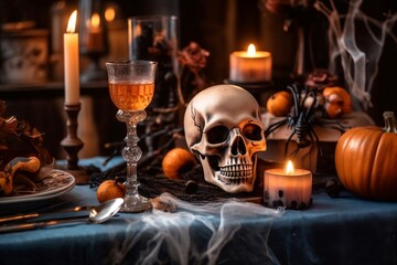 Fototapeta na wymiar Halloween Themed Table Image. Generative AI