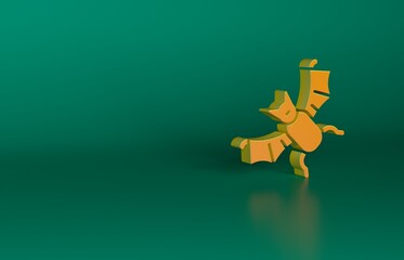 Orange Flying bat icon isolated on green background. Happy Halloween party. Minimalism concept. 3D render illustration