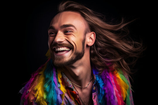 Portrait of a smiling Hispanic gay man with long hair and beard and rainbow clothing. Gay pride parade. High quality photo Generative AI