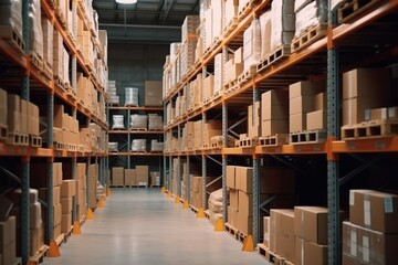 Retail Warehouse full of Shelves with Goods in Cardboard Boxes and Packages. Logistics, Sorting and Distribution Facility for Product Delivery. Generative Ai