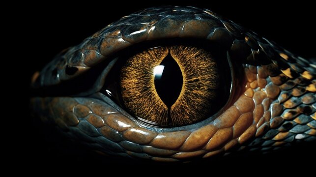The close-up of the intense snake's eyes, with their orange color, AI generative