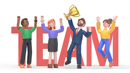 Handsome businessman holding golden cup and celebrating achievement of goals with his colleagues. Best team. Teamwork, team success and leadership concept. Dream team. 3D rendering on white background