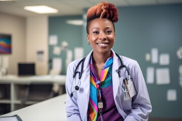 Portrait of African American doctor smiling at camera working in clinic, generative AI