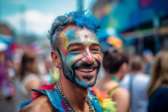 Portrait of a gray-haired elderly man with a beardwith rainbow LGBTQIA flag on the face Bisexual Gay Celebrates Pride Month Coming Out Day. High quality photo Generative AI