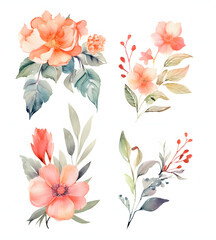 Fototapeta na wymiar A delicate collection of watercolor floral wreaths, each featuring a harmonious arrangement of flowers and foliage within golden circular frames