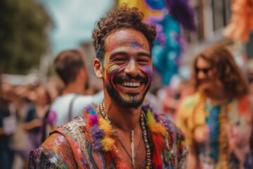 Fototapeta premium Portrait of a gray-haired elderly man with a beardwith rainbow LGBTQIA flag on the face Bisexual Gay Celebrates Pride Month Coming Out Day. High quality photo Generative AI