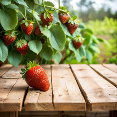 Selective focus, Wood table top on soft focus strawberry plant background. For montage product display. generative ai. - 608127172