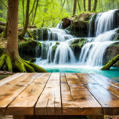 Selective focus, Wood table top on soft focus waterfall in forest background. For montage product display. generative ai. - 608127173