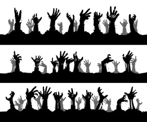 Vector silhouette illustration of many hands of zombie, isolated on whute background, hands reach up