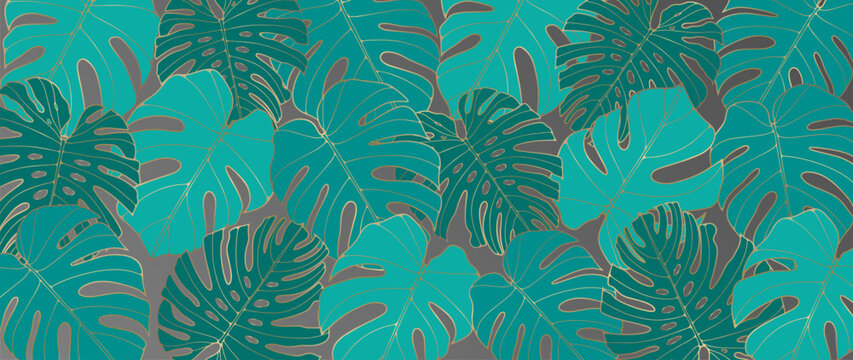 Bright turquoise tropical background with monstera leaves with gold outline. Background for decor, wallpapers, covers, cards and presentations