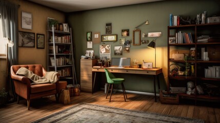 A cozy and inviting study room with a modern retro aesthetic, characterized by mid-century furniture, vintage accessories, and warm earthy tones. Generative AI
