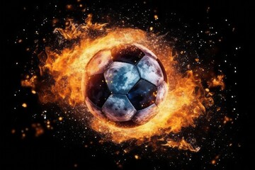 Burning soccer ball with fire sparks on black background. Generative AI