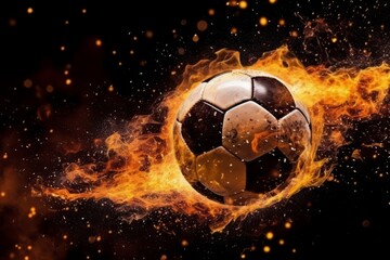 Fototapeta premium Burning soccer ball with fire sparks on black background. Generative AI