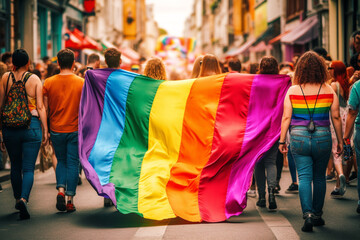 Obraz premium People holding rainbow flag on lgbtq pride parade. High quality photo Generative AI