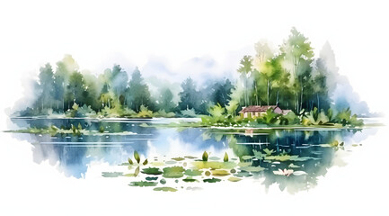 Watercolor lake landscape isolated on white