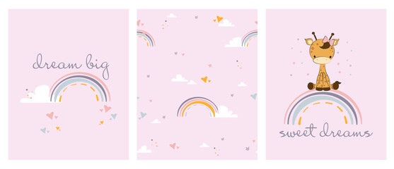 Cute posters with a little giraffe and rainbow vector prints for baby room, baby shower, greeting card, kids and baby t-shirts, and wear. Hand drawn nursery cartoon animals characters. Set of nursery 