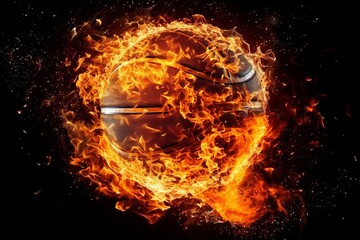 Burning basket ball with fire sparks on black background. Generative AI