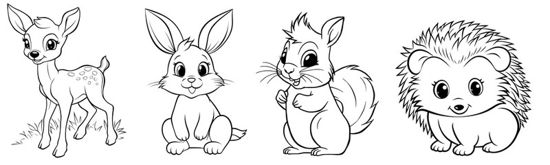 Forest animals - cute Fawn Deer, Hare, Squirrel and Hedgehog, simple thick lines kids or children cartoon coloring book pages. Clean drawing can be vectorized to illustration easily. Generative AI
