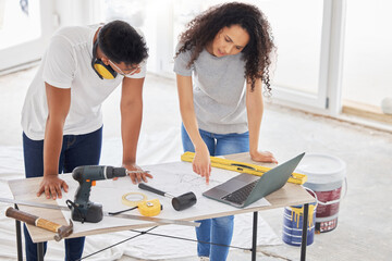 Maintenance, renovation and blueprint with a couple in their new home together for a remodeling project. Construction, real estate or diy property improvement with a man and woman planning in a house