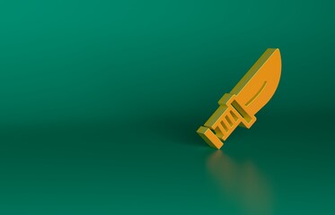 Orange Dagger icon isolated on green background. Knife icon. Sword with sharp blade. Minimalism concept. 3D render illustration