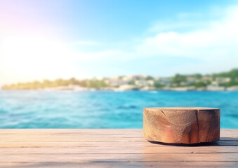 Fototapeta na wymiar Desk of free space and summer beach landscape, Empty Wooden Planks With Blur Beach And Sea On background. Generative ai