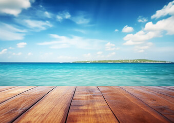 Fototapeta premium Desk of free space and summer beach landscape, Empty Wooden Planks With Blur Beach And Sea On background. Generative ai