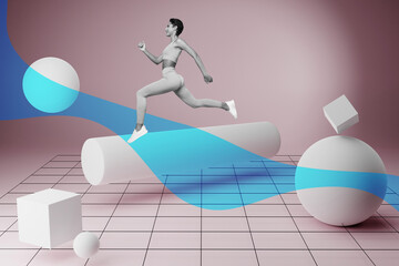 Collage 3d image artwork sketch poster of smiling sportive girl running cross competition isolated...