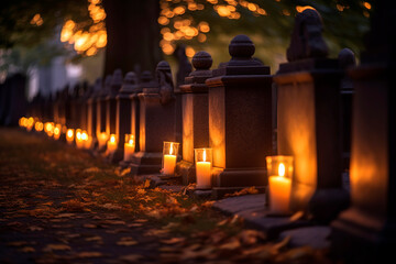 Lit candles casting a warm and gentle glow upon a row of gravestones.