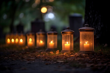 Lit candles casting a warm and gentle glow upon a row of gravestones.