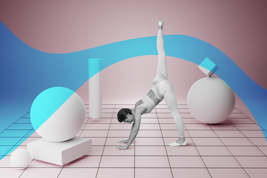 Artwork magazine collage picture of sexy adorable lady practicing sport 3d computer world isolated drawing background - Powered by Adobe