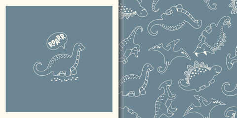 Hand drawn seamless pattern with  Cute dinos in simple outline sketchy style. Doodle characters Animals Background. Cute Cartoon Dinosaurs, volcano, and plants. Vector illustration © LindaAyu