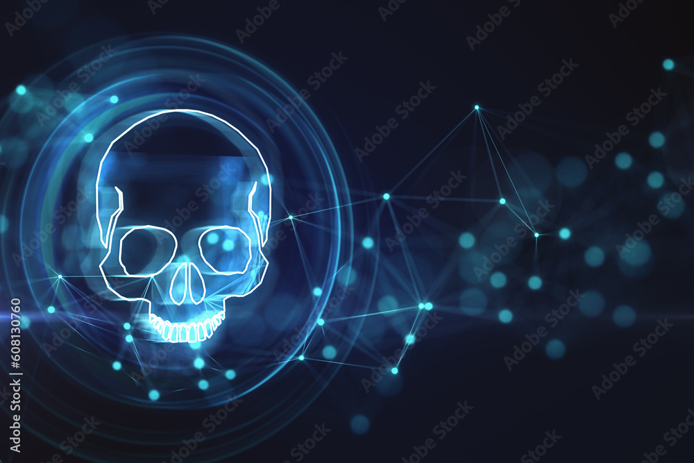 Poster blue glowing skull digital illustration, dark screen texture background, hacking attack and ransomwa