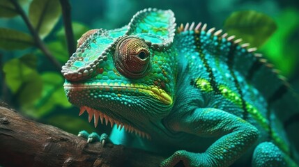Obraz premium Chameleon close up. Multicolor beautiful reptile with colorful bright skin on a background of grass and leaves. Generative AI.