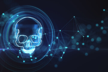 Blue glowing skull digital illustration, dark screen texture background, hacking attack and ransomware concept. 3D Rendering