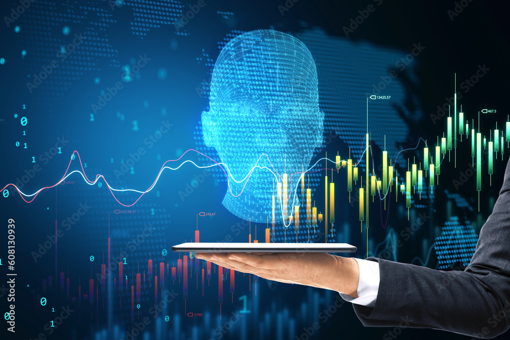 Poster Artificial intelligence, machine learning and finance concept with digital tablet on businessman hand on robot head with stock market candlestick and graphs and world map background