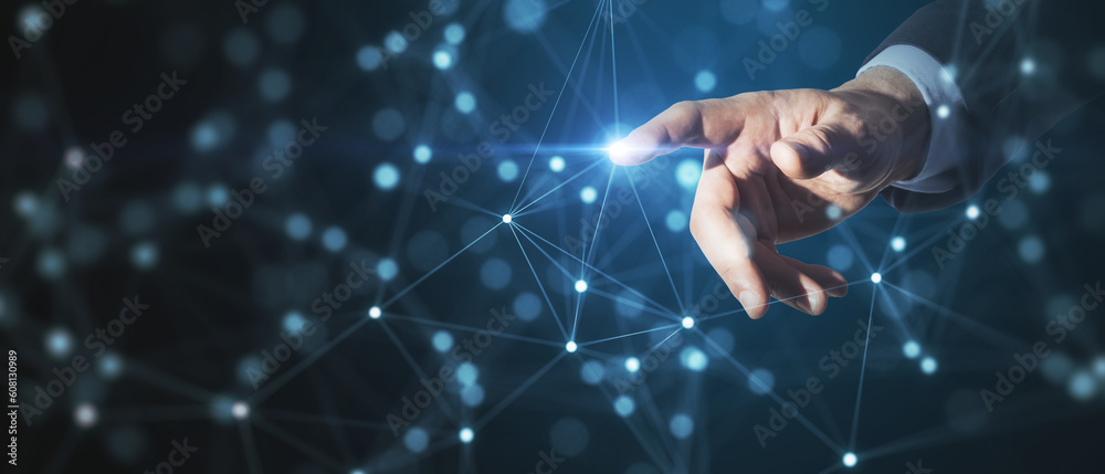 Poster close up of businessman hand pointing at creative glowing blurry plexus on dark background. digital 